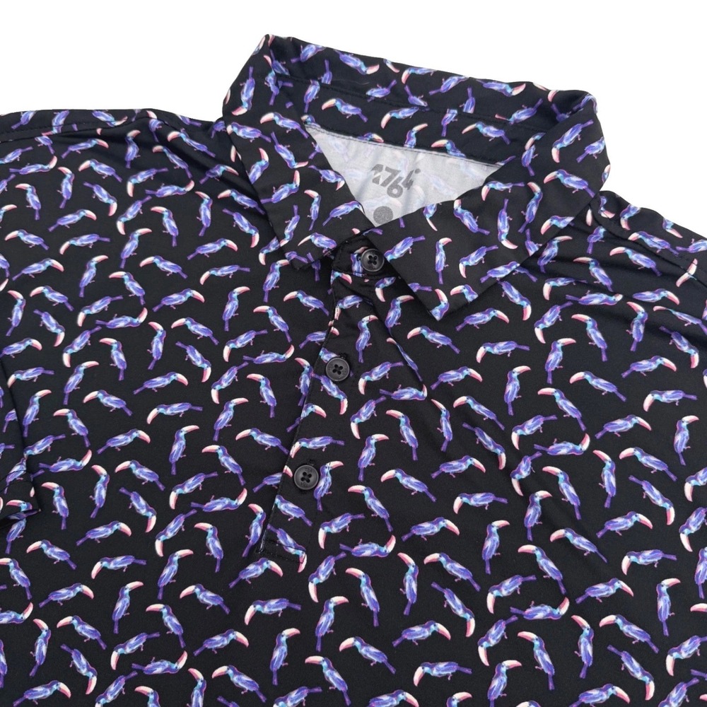 1764 Polo Shirt Mens 2XL Black Toucan Geometric Print Performance Stretch Golf